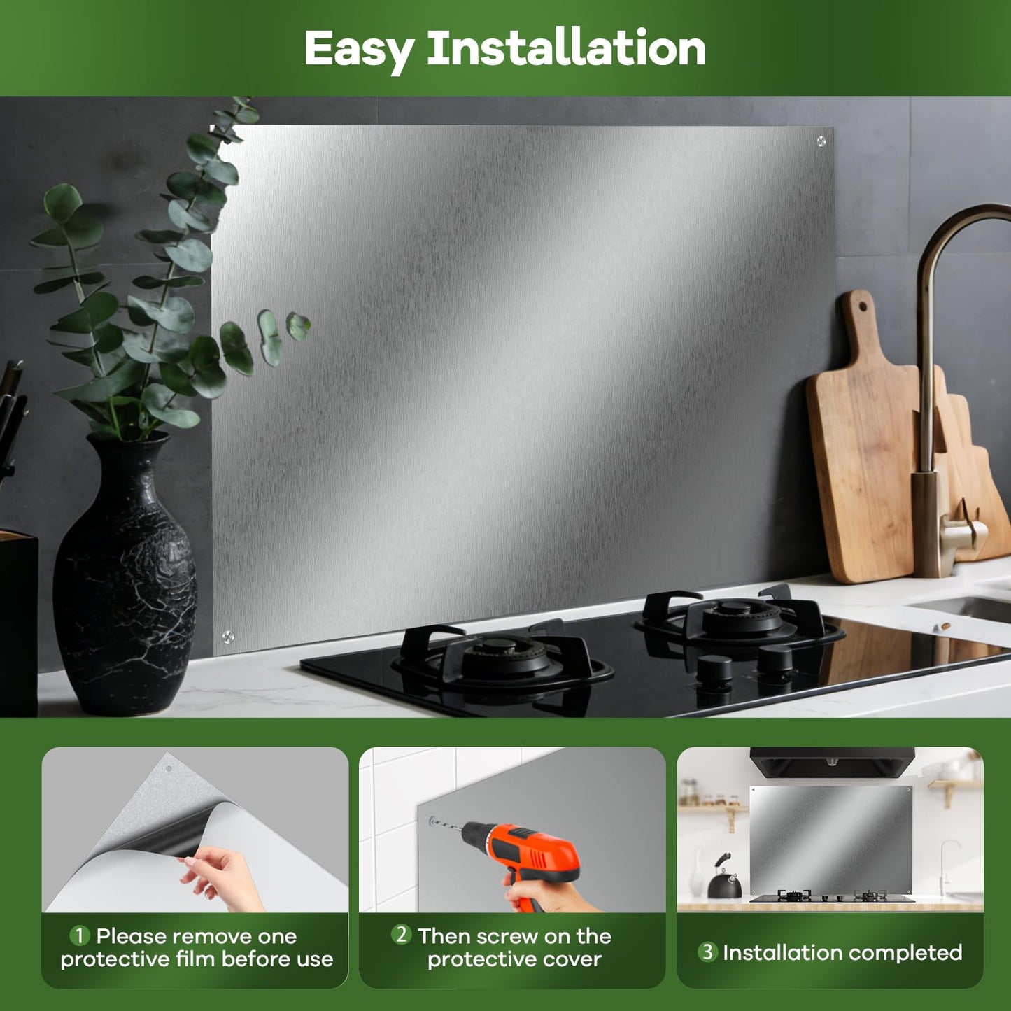 24" x 36" Stainless Steel Backsplash Panel - Ultra-Thin Oversized Splatter Guard for Kitchen Wall Behind Stove & Range Hood | Easy Installation with Pre-Drilled Holes & Hardware Included
