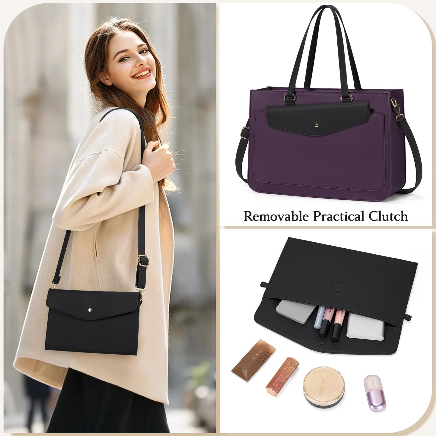 RAINSMORE Laptop Bag for Women 15.6 Inch Work Tote Bags Leather Laptop Tote Waterproof Computer Bag Professional Office Briefcase Large Handbag for College Teacher Travel,Purple and Black