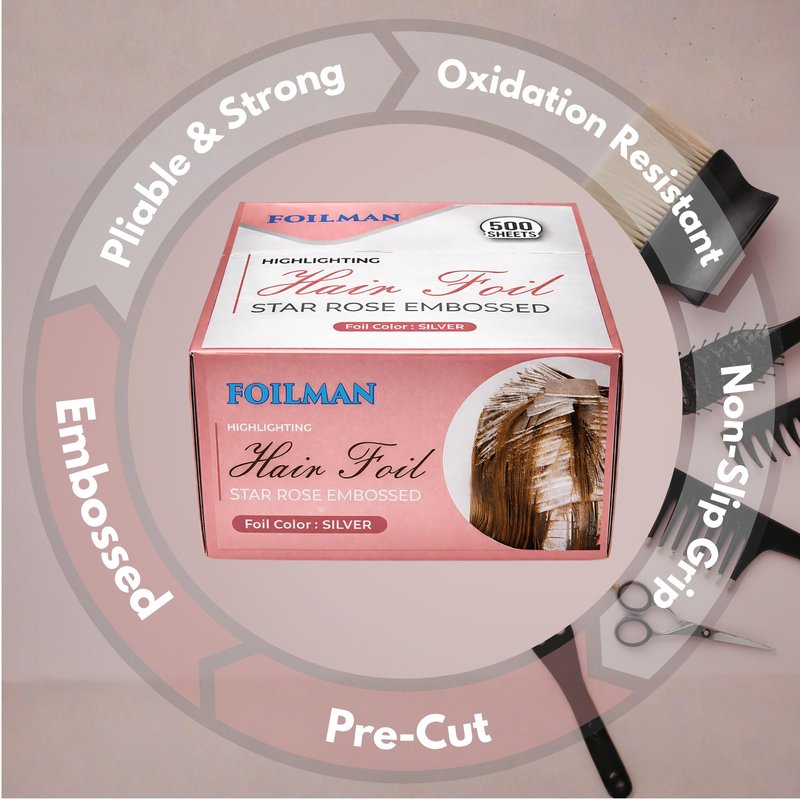 Foilman Pre-Cut Silver Pop-Up Hair Foil, Star Rose Embossed Foils for Highlighting, Aluminum Hair Foil Sheets - 5 x 11 Inch- 2 Pack (1000 Sheets)