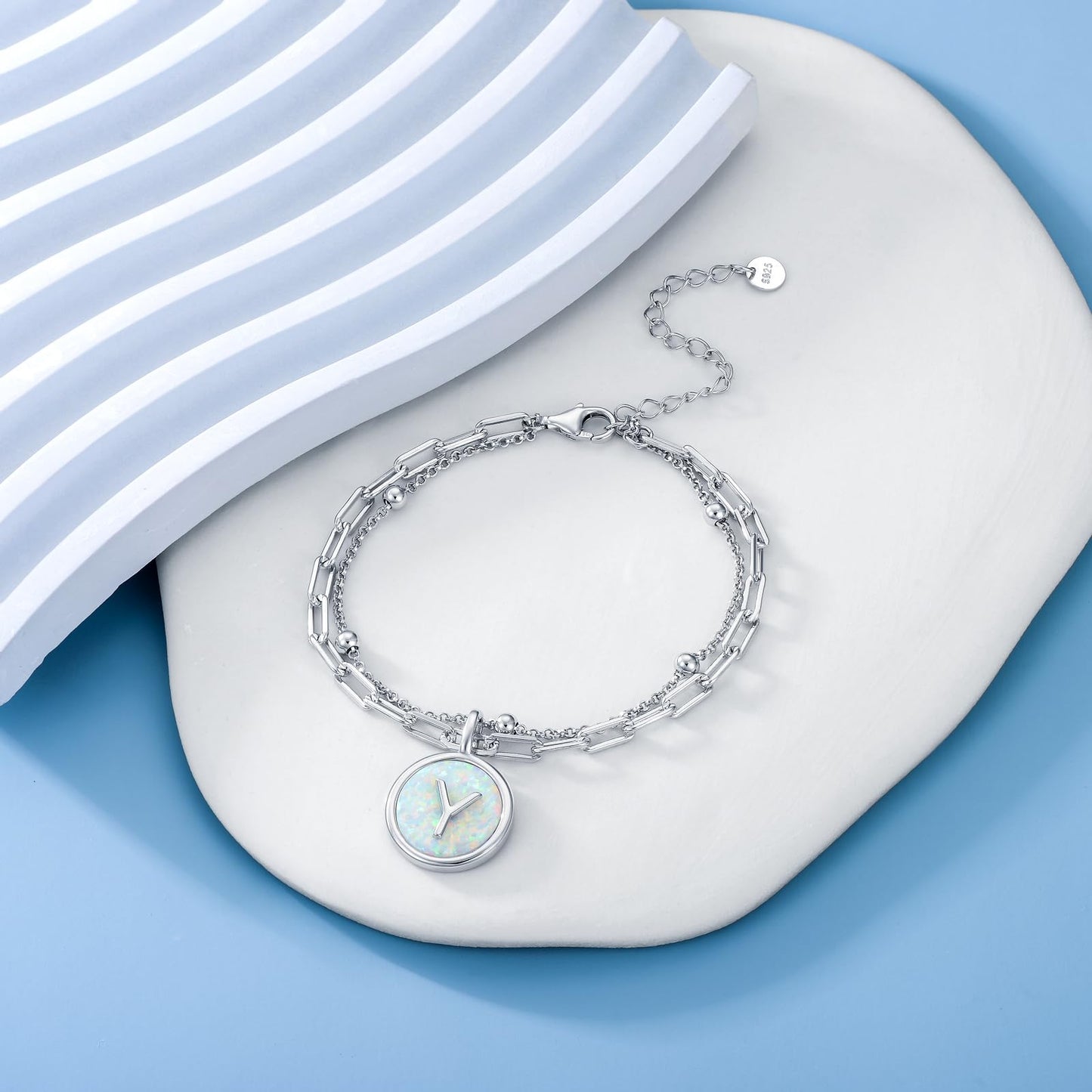 LWQQWL Initial Y Bracelet for Women 925 Sterling Silver Layered Initial Bracelet Opal Letter 26 Alphabet Jewelry Christmas Gifts