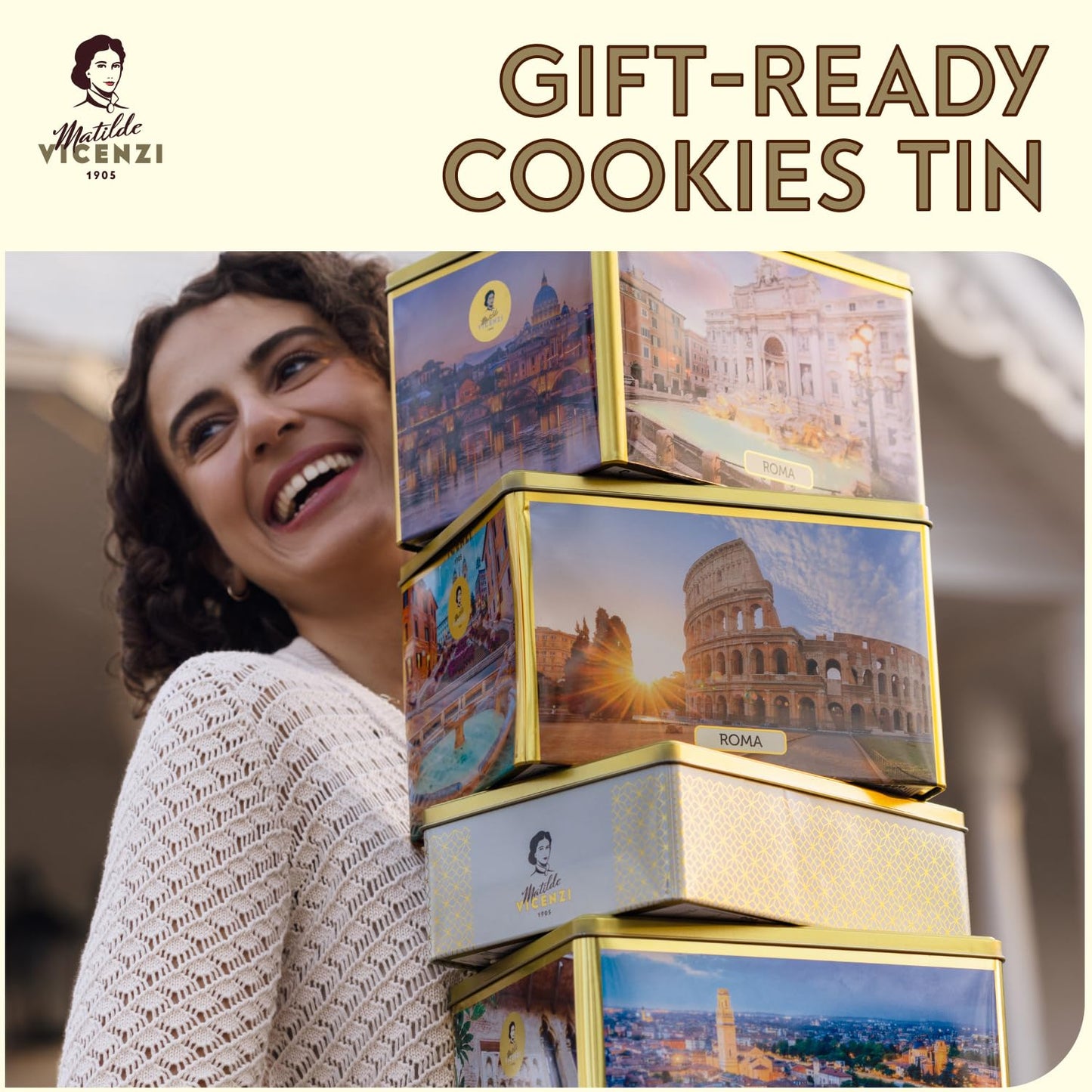 Matilde Vicenzi Verona Gift Tin - Assortment of Italian Pastries and Cookies - Gourmet Gifts for Mother's Day, Birthday and Every Special Occasion - Assorted Cookies in Italian Design Tin 32oz (907g)