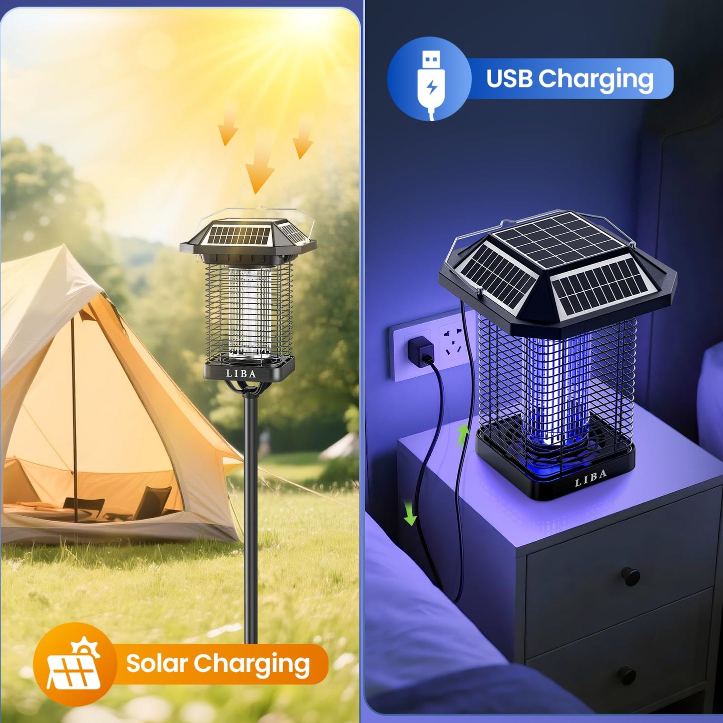 LiBa Solar Bug Zapper Outdoor, 2 in 1 Mosquito Zapper Cordless & Rechargeable, Solar Insect Killer Lamp, 3500V Mosquito Catcher Decor Light for Patio Garden Backyard