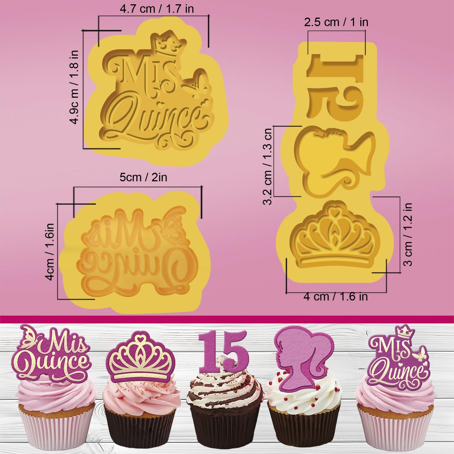 Mis Quince silicone mold Set 3 pcs for Cupcake topper,chocolate covered Strawberries, and Quinceañera Decorations, crown molds for chocolate, Mis 15 años fondant mold.