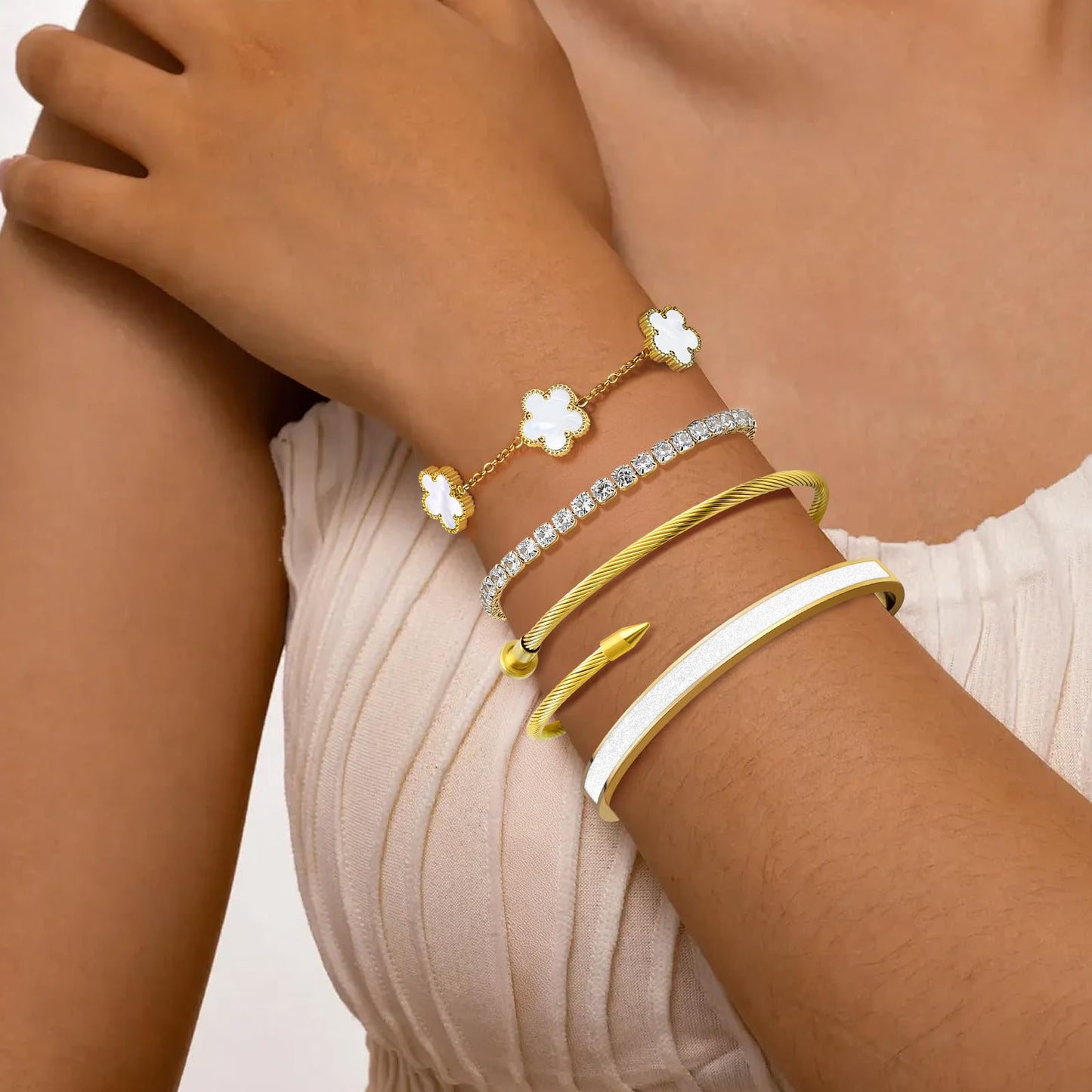 MOINSPIRE 18K Gold Plated Bracelets for Women, Stainless Steel Four Leaf Clover Tennis Nail Love Bangle Bracelets Set, Trendy Stackable Twist Cuff Bracelet Non Tarnish Jewelry Gifts for Christmas