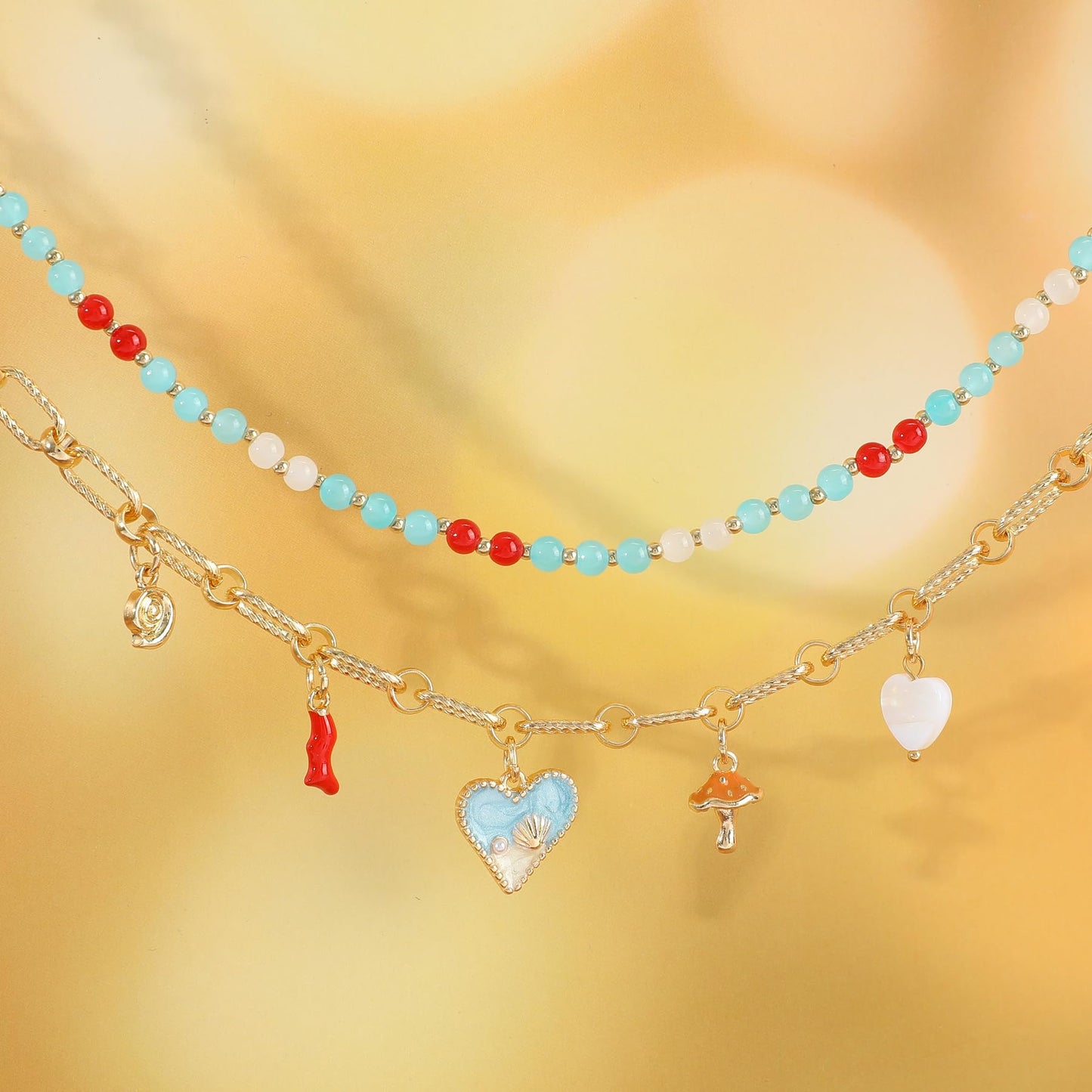 NEKOL Layered Gold Heart Necklaces for Women Western Summer Beach Ocean Vacation Gold Chain Jewelry Accessories Gifts Boho Sea Shell Conch Coral Mushroom Choker Cute Pendant Beaded Necklace Stack