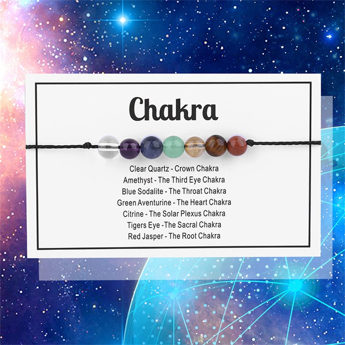 Multistyle Healing Crystal Stone Bead Strand Card Bracelets Handmade Adjustable Wax Rope Yoga Amethyst Tigereye Chakra Bracelets for Women Men Meditation Relax Anxiety Jewelry Gift (Chakra)