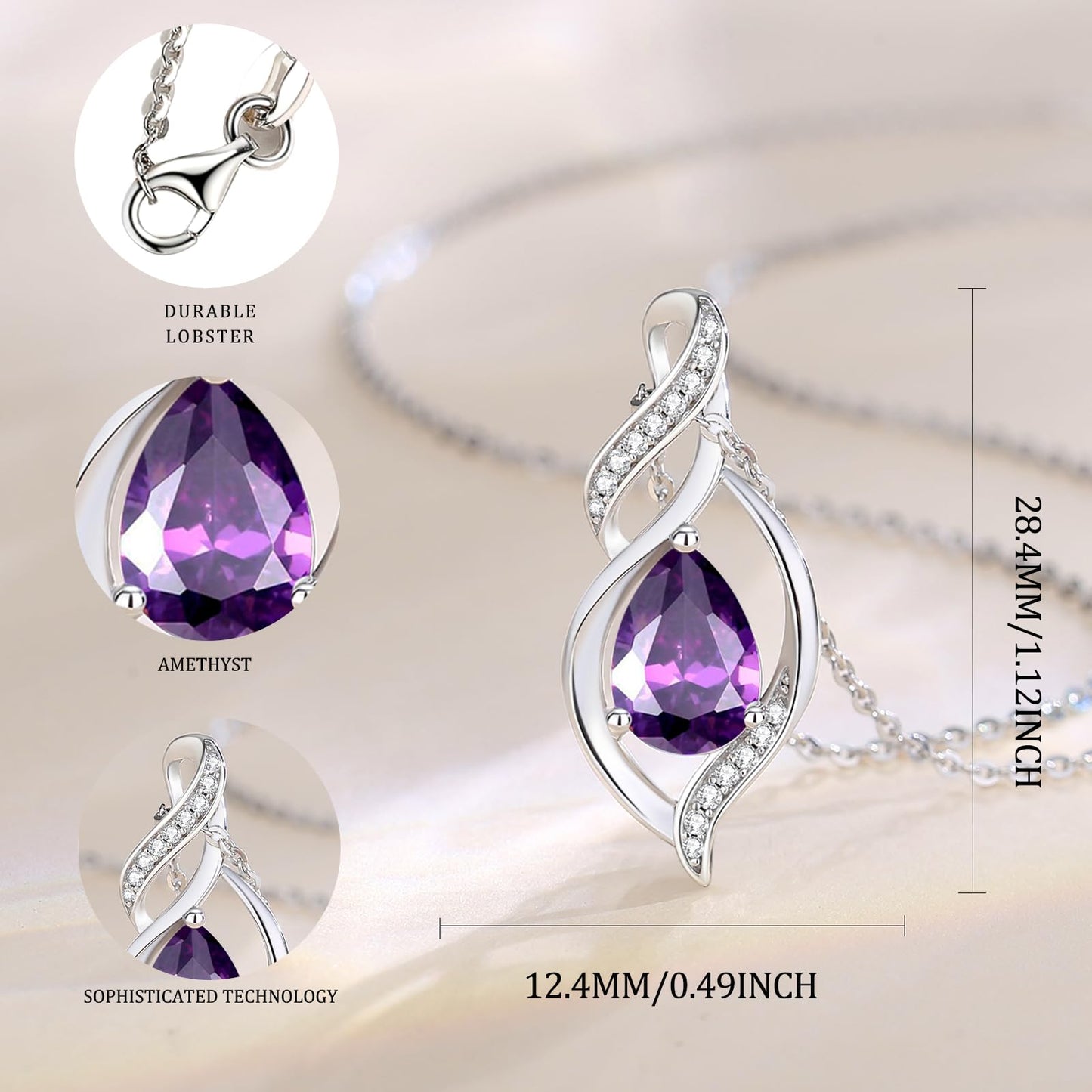 FANCIME February Birthstone Necklace for Women Amethyst Teardrop Necklace Sterling Silver Infinity Love Birthday Gifts for Mom Women, 16"+2" Inches