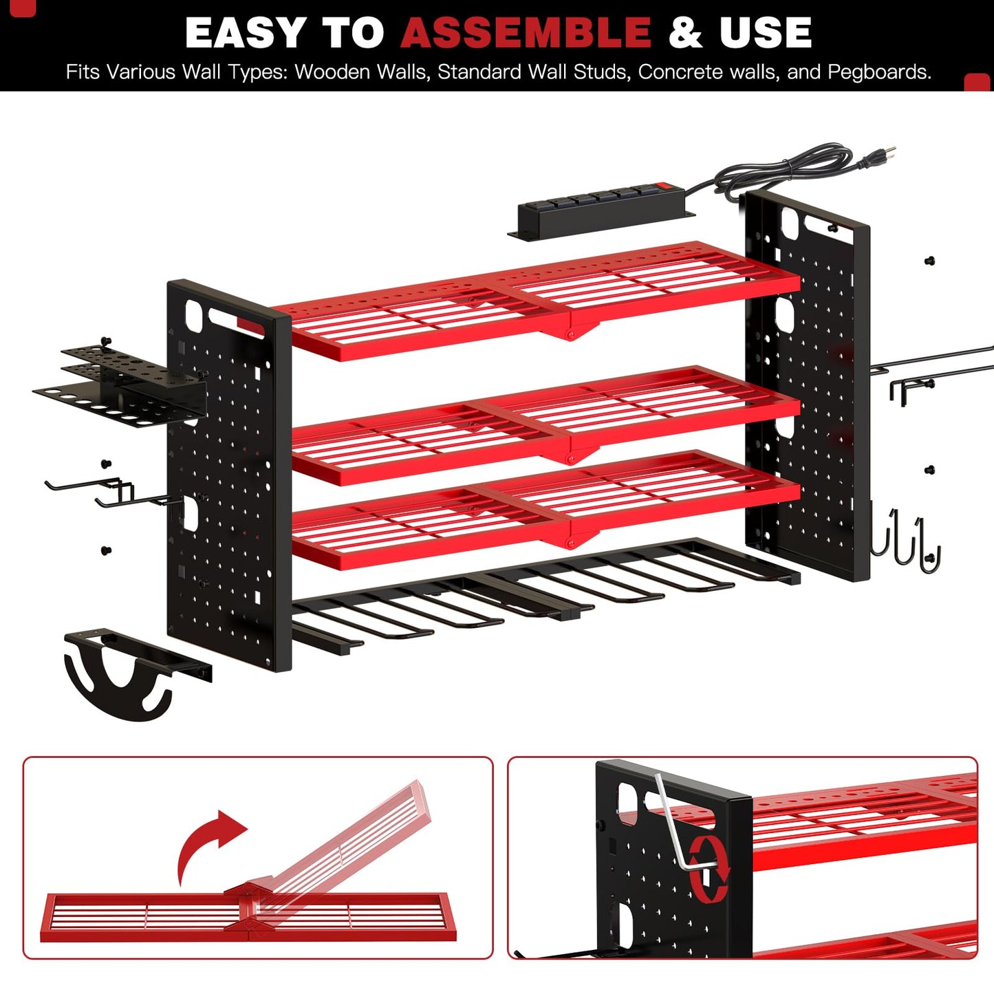 NattyDot Power Tool Organizer Wall Mount with Charging Station 4 Layer 6 Slot Cordless Drill Holder with Angle Grinder Holder (Red)