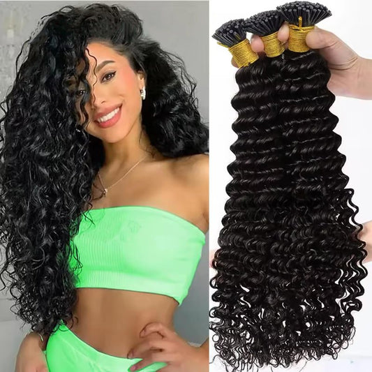 Curly I Tip Hair Extensions Human Hair for Black Women Invisible I Tip Human Hair Extensions Stick Tip Fusion Extension Brazilian Deep Wave Real Human Hair 50g 16 Inch