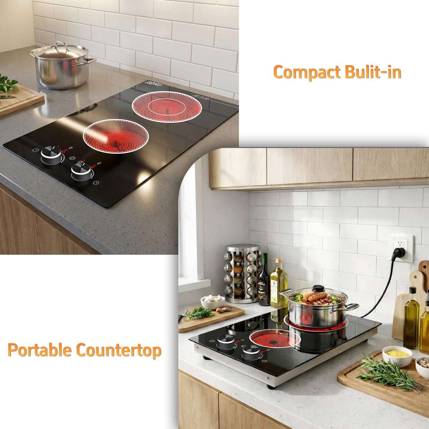JollyOne 2 Burners Electric Cooktop 12 Inch, 1800W Knob Control Electric Stove Top Burner Hot Plate, 110V-120V Bulit-in & Countertop Ceramic Radiant Stove with Timer, Multi-Ring Control