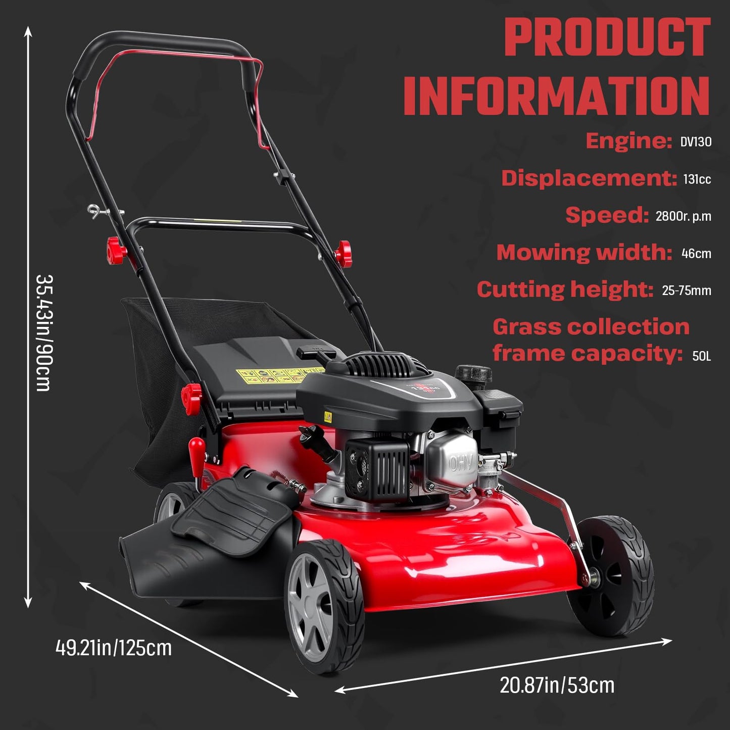 Lawn Mower Gas Powered, Gas Mower with 50l Grass Bag Big Wheels, 131cc Gas Engine 3 in 1 Mulching, Bagging & Side Discharge Self Propelled Walk-Behind Push Mower for Hills 2850RPM (Red)