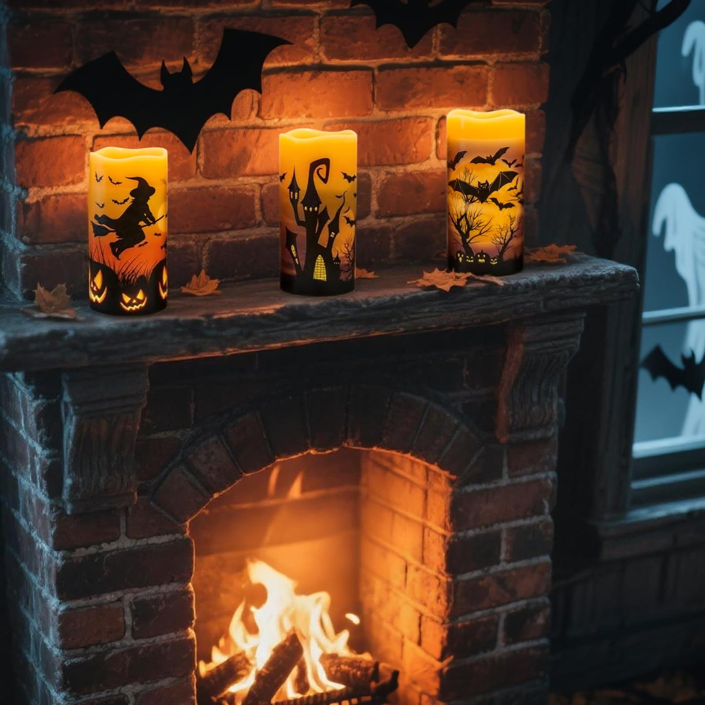DRomance Rechargeable Halloween Flameless Candles Battery Operated with 6 Hour Timer Real Wax Flickering LED Pillar Candles Bats Witch Pumpkin Dinner Halloween Indoor Deocration(3 Pack, 3" D x 6"" H)"