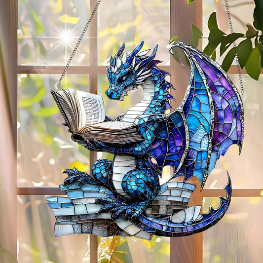 1PC Blue Dragon Reading Acrylic Suncatcher Hanging, 7.08 inch Window Decor with Printed Stained Glass Style Design, Rainbow Maker Wall Art, Gift Idea & Garden Ornament Indoor Outdoor Use/DW-17