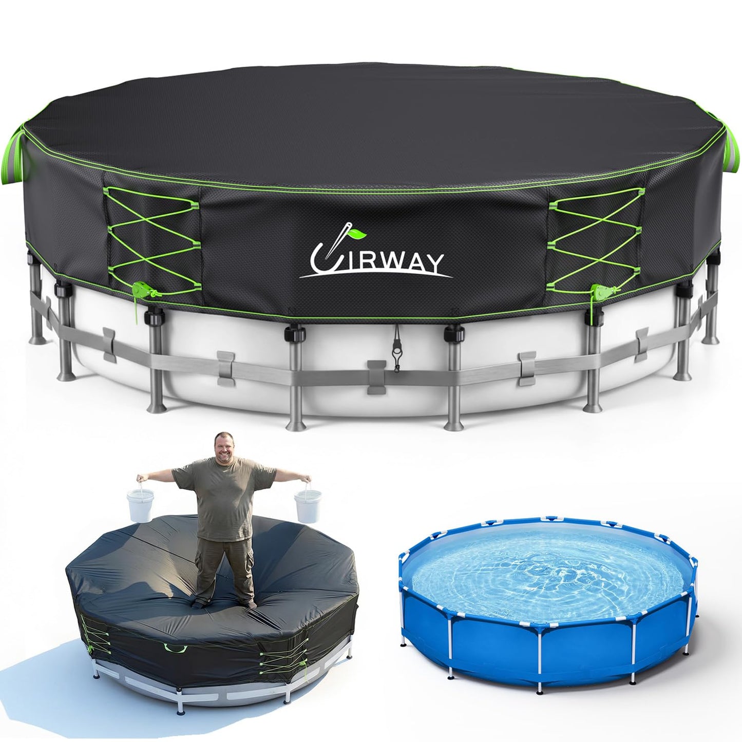 Uirway 600D Upgraded 16ft Pool Covers for Above Ground Pools, Solar Pool Cover with Windproof Reflective Lace-Up Drawstring, Weather-Resistant Pool Covers UV Protection, with Anti-Slip Straps