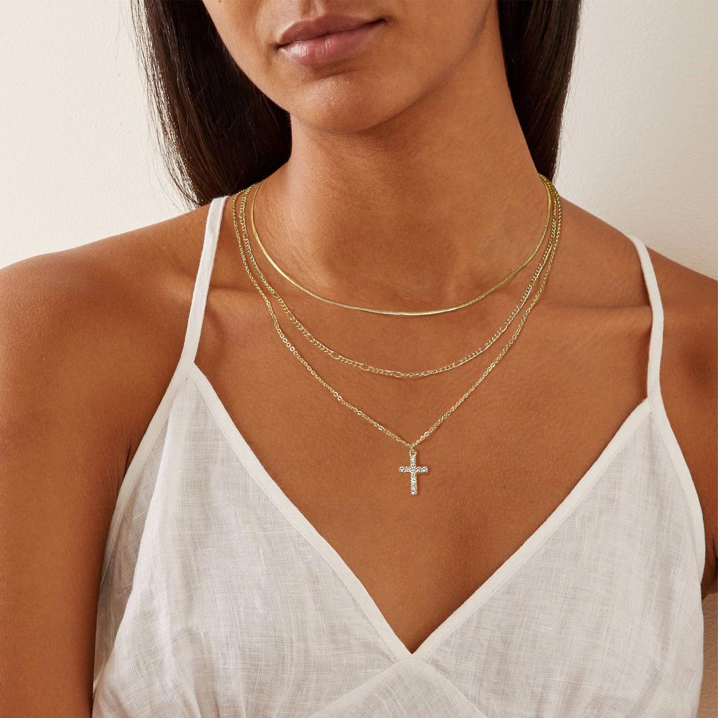 LANE WOODS 3-Piece Gold Layered Necklace Set for Women, 14k Gold Plated CZ Cross Pendant Choker, Dainty Stackable Adjustable Trendy Jewelry Gift for Wife Mom