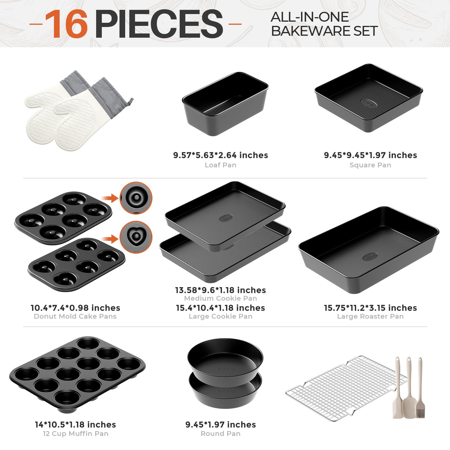 16-Piece Nonstick Bakeware Set with Oven Mitts, Donut Pan, and Heart Pan, Stackable Carbon Steel Baking Pans Set with Kitchen Utensils and Rack, Ceramic Coating, Black