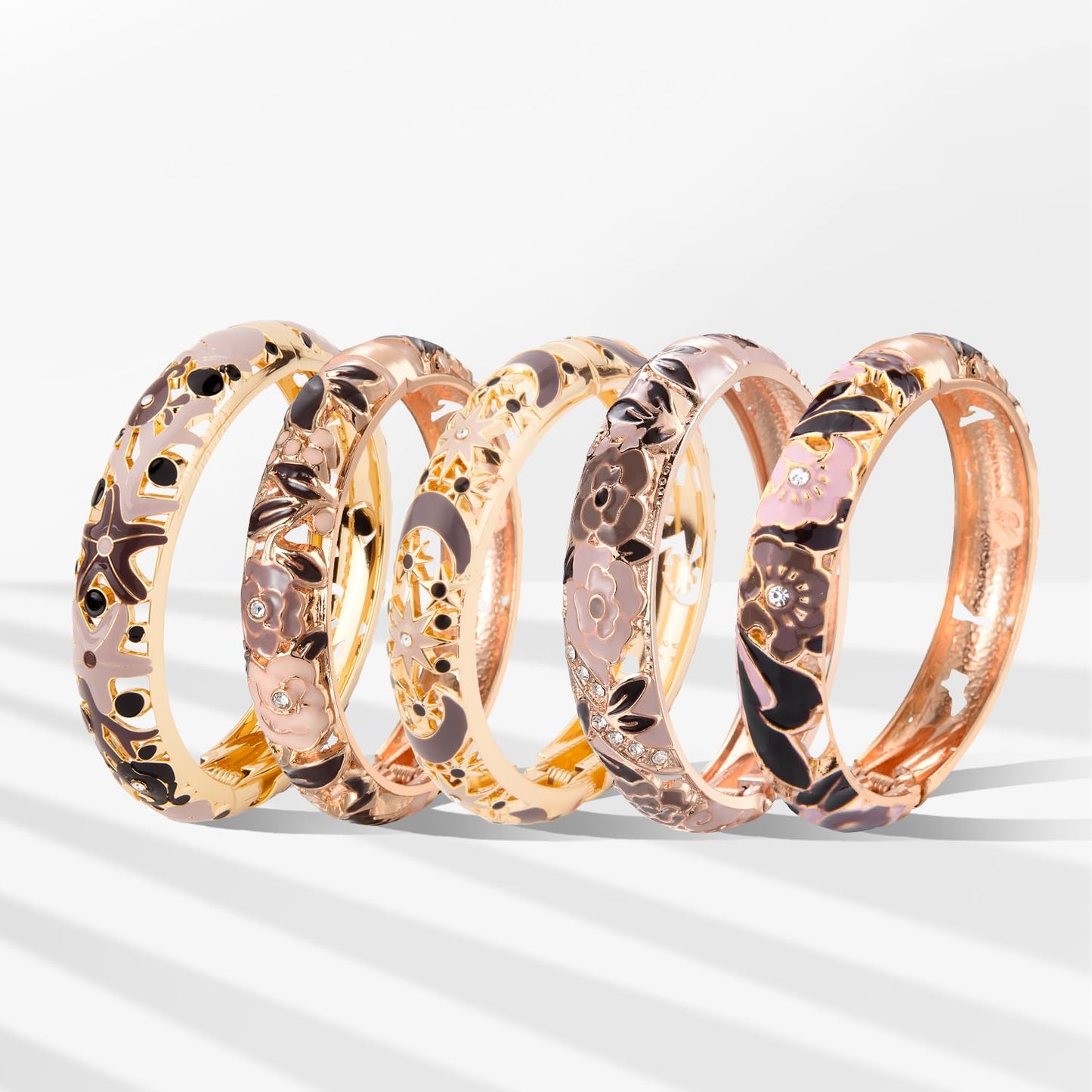 UJOY Enamel Bracelets Pack of 5 Colorful Cloisonne Rose Gold Flower Engraved Bangles for Women Jewelry Gift Pack in a Box 5PCS-88A Brown