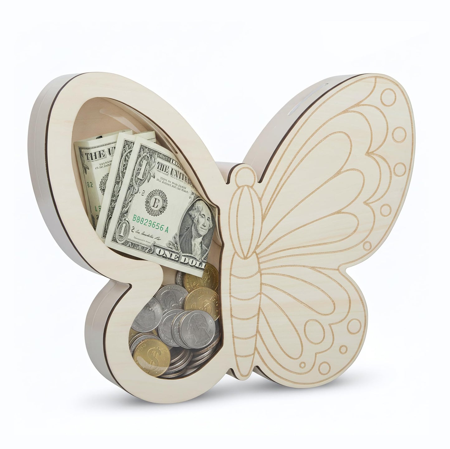 Butterfly Piggy Bank for Kids, Paint Your Own DIY Butterfly Bank with Clear Window, Wooden Savings Box for Coins and Bills, Room Decor Gift