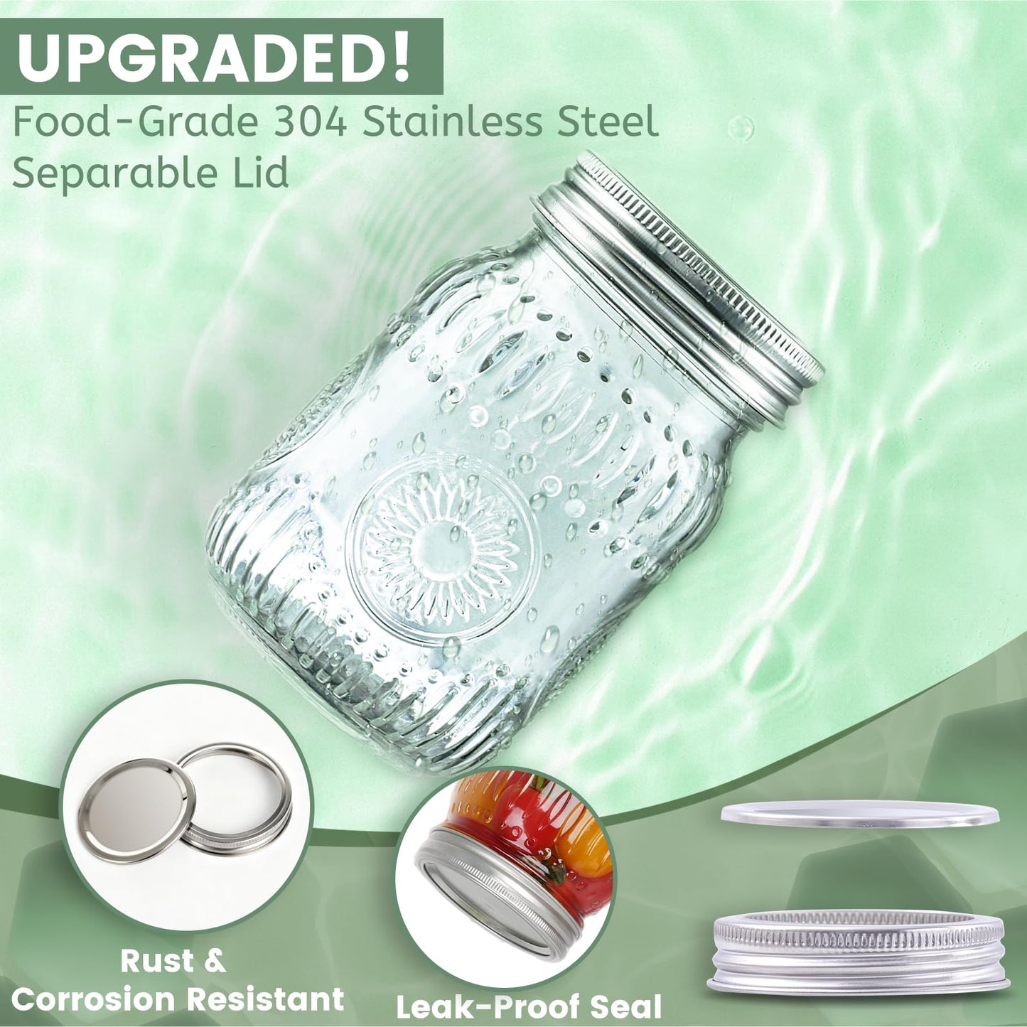16oz Mason Jars with Airtight Rust-Proof 304 Stainless Steel Lids and Bands, 4 Pack with Elegant Sunflower Embossing, Pint Glass Jars for Meal Prep, Pickling, Overnight Oats, Dry Food & DIY Crafts
