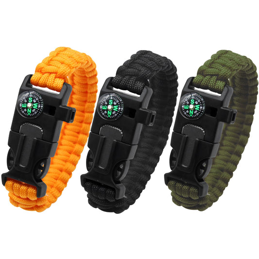 aiGear Survival Bracelet Set 3 Pack with Compass & Whistle, Camping, Hiking Emergency Gear (Black, Green, Orange)