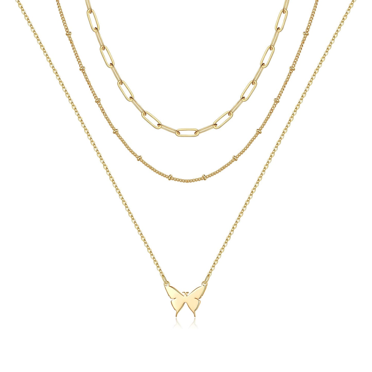 Turandoss Layered Butterfly Necklace for Women, 14K Layered Butterfly Necklace for Women Layering Butterfly Link Chain Necklaces