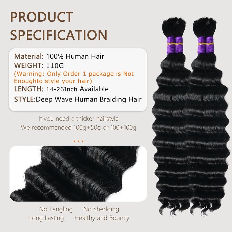 Human Braiding Hair - Deep Water Wave Bundles for Boho Braids | Pre-Stretched 18 Inch, Natural Color, 110g (2 Packs)