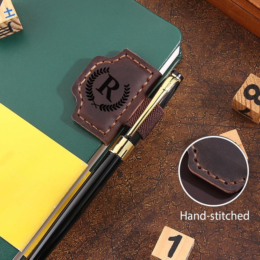 Custom Bookmark with Pen Holder 26 Letters Personalized Magnetic Leather Book Mark, Book Marker with Initials Pencil Clip for Sketch Pads for Men Women, Gifts for Book Lovers, Artists (Brown, J)