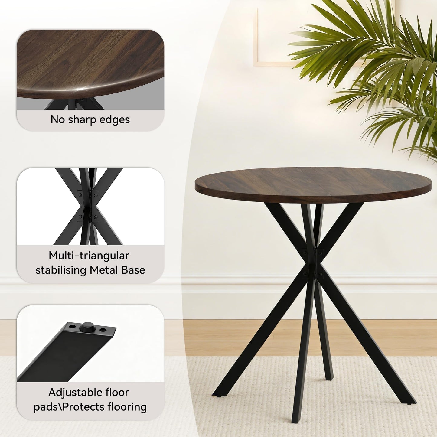 domusdisn 31.5" Round Dining Table Chairs Set for 2, Small Dining Table Chairs Set Space-Saving, Small Dinette Sets for 2 for Kitchen Dining Room Apartment(Walnut Table + Brown Chairs)