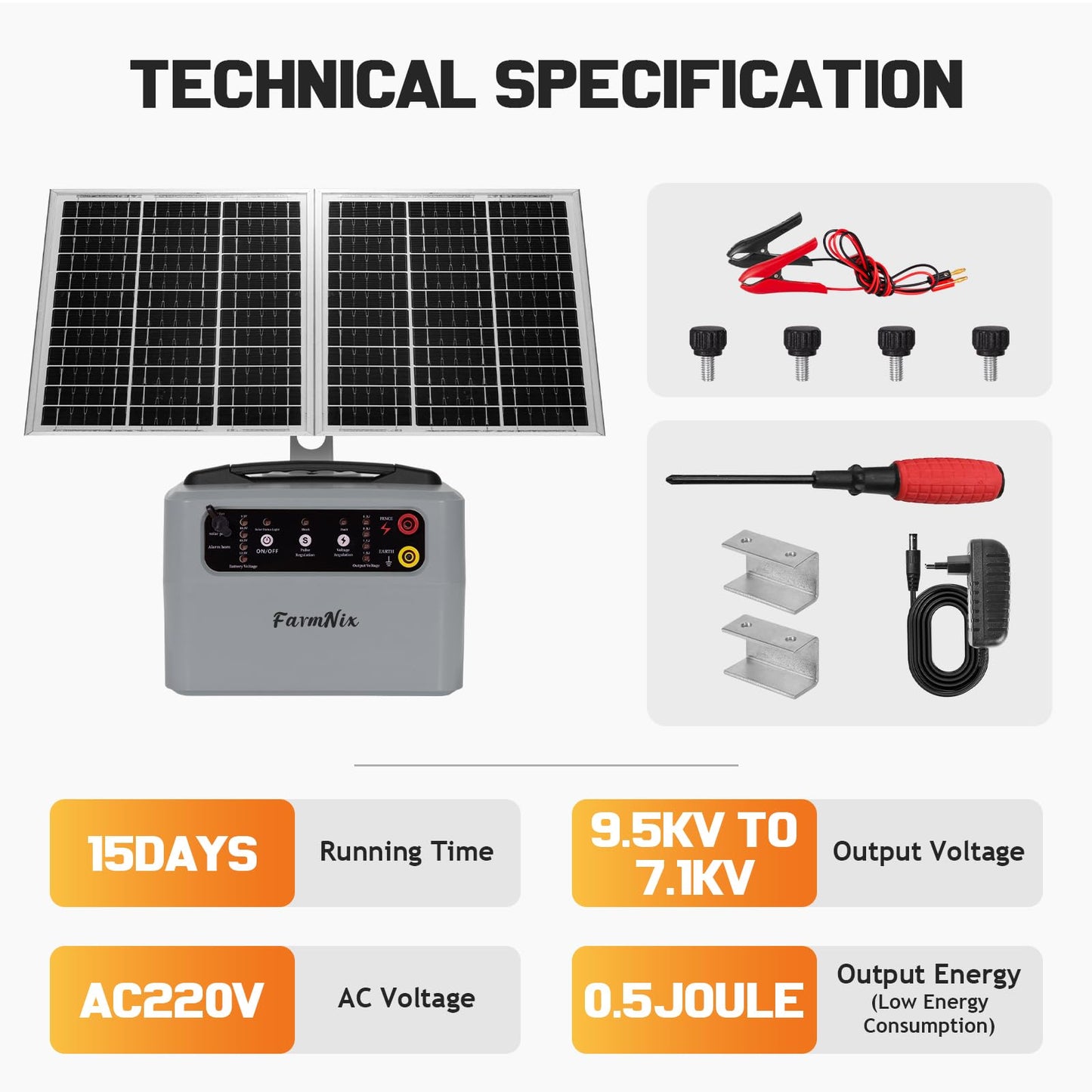 30 Miles/48km Solar Electric Fence Charger,15W Solar Powered Fencer with Adjustable 6KV to 12KV Output (0.3J-1.5J),Battery Level LCD Display,All-Weather Kit for Livestock,Deer,Farm,Yard