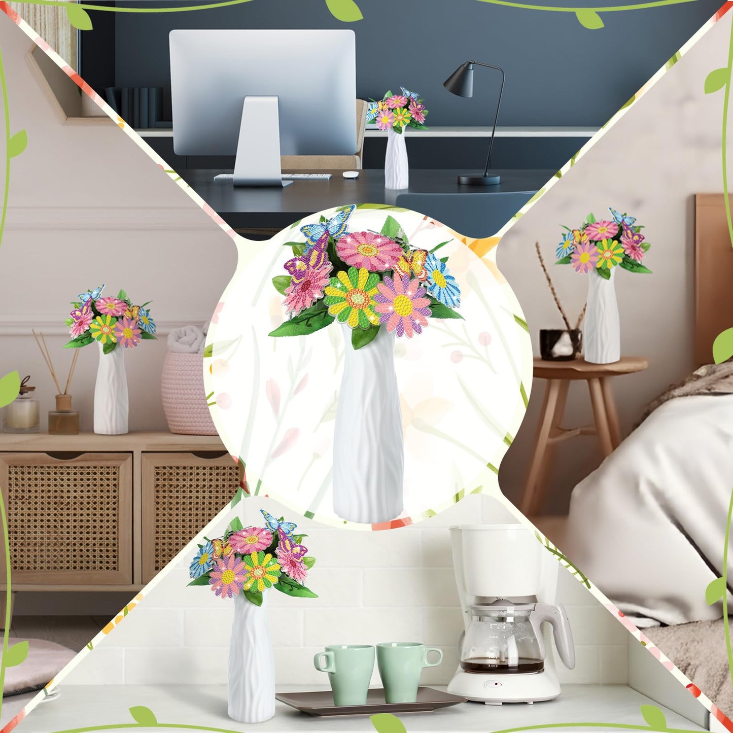 Copkim 16 Pcs Flower Butterfly Diamond Art Kits for Adults Bunch of Flower Butterfly DIY Vase Filler Ornament Table Decor Small Diamond Craft Gift for Festival Garden Decoration