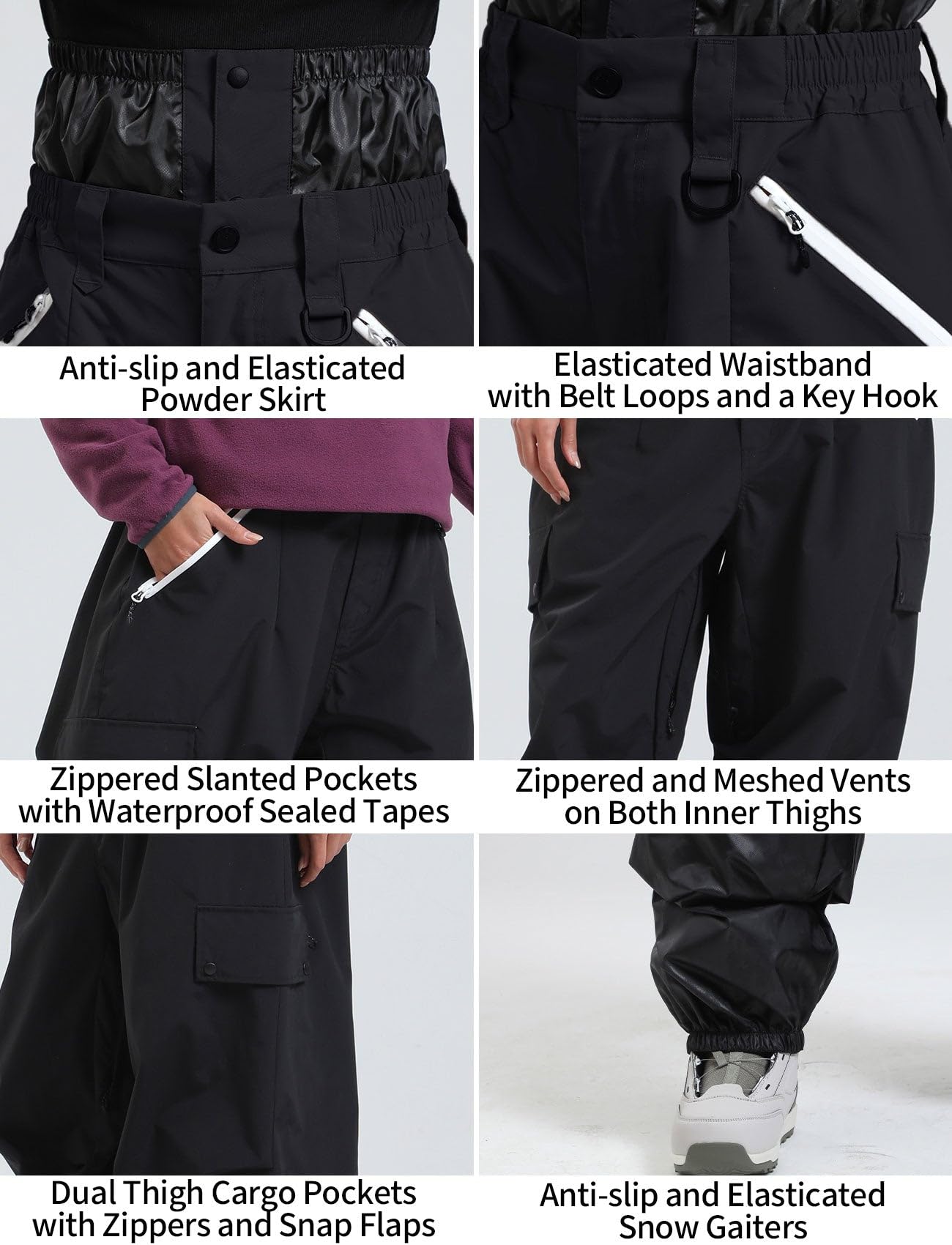 GSOU SNOW Women Men Baggy Ski Pants Loose Snowboarding Pants Snow Pant Insulated Waterproof Windproof Outdoor Sport Black