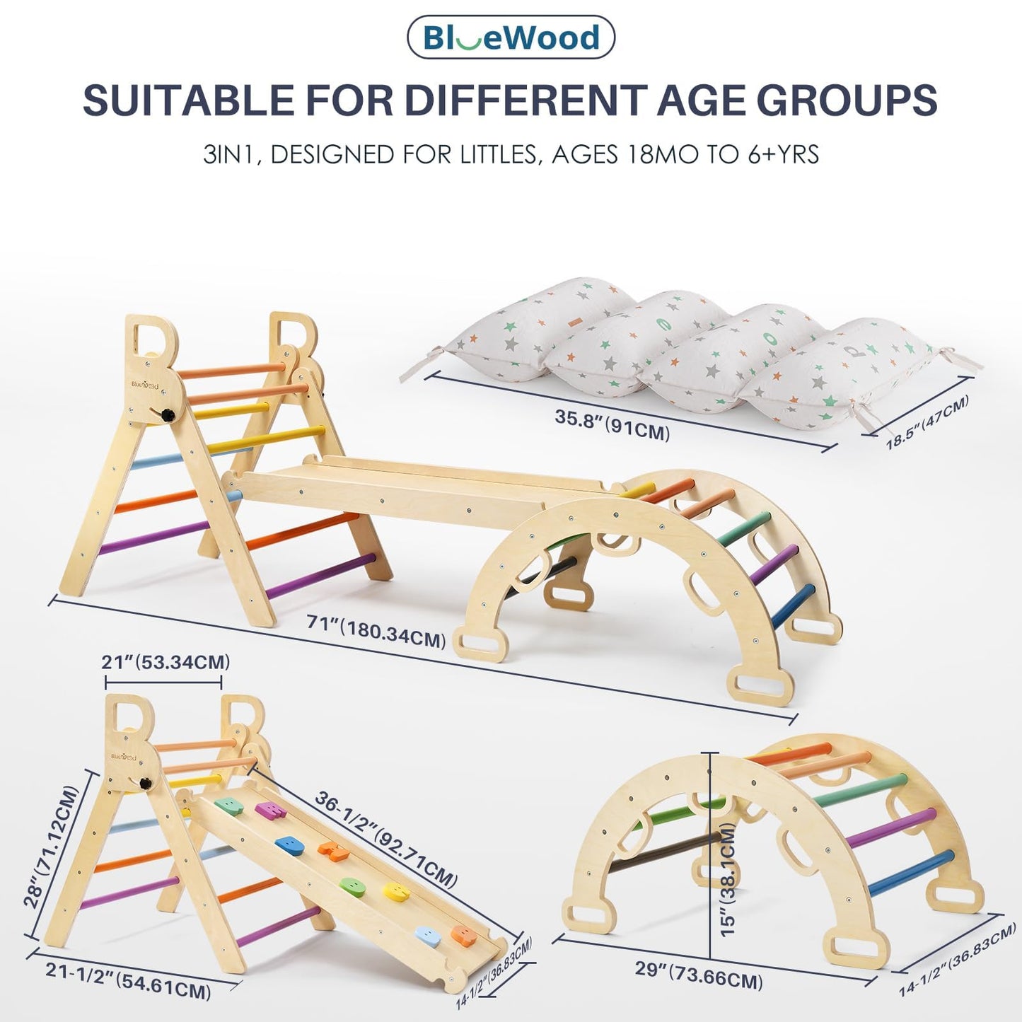 BlueWood Pikler Triangle Set with Cushion, 8-in-1 Foldable Wooden Toddler Climbing Toys Indoor Playground Jungle Gym Montessori Philosophy Climber for 2-6 Years Old, Baby, Kids (Rainbow)