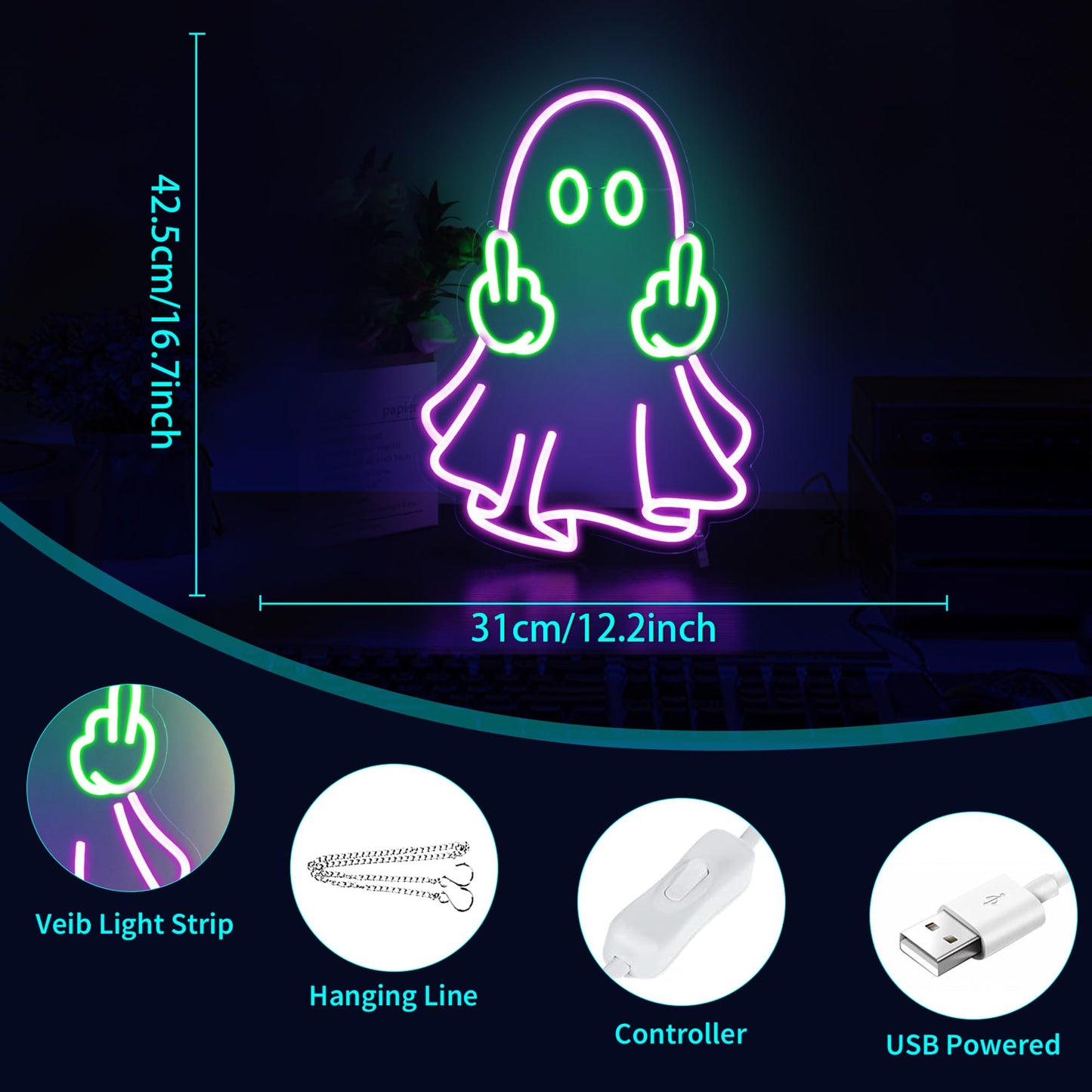 Neon Sign - HSJNJKFU Neon Signs for Wall Decor Purple Led Sign for Halloween Party Decor Gift - Purple Green Led Light Sign USB Powered