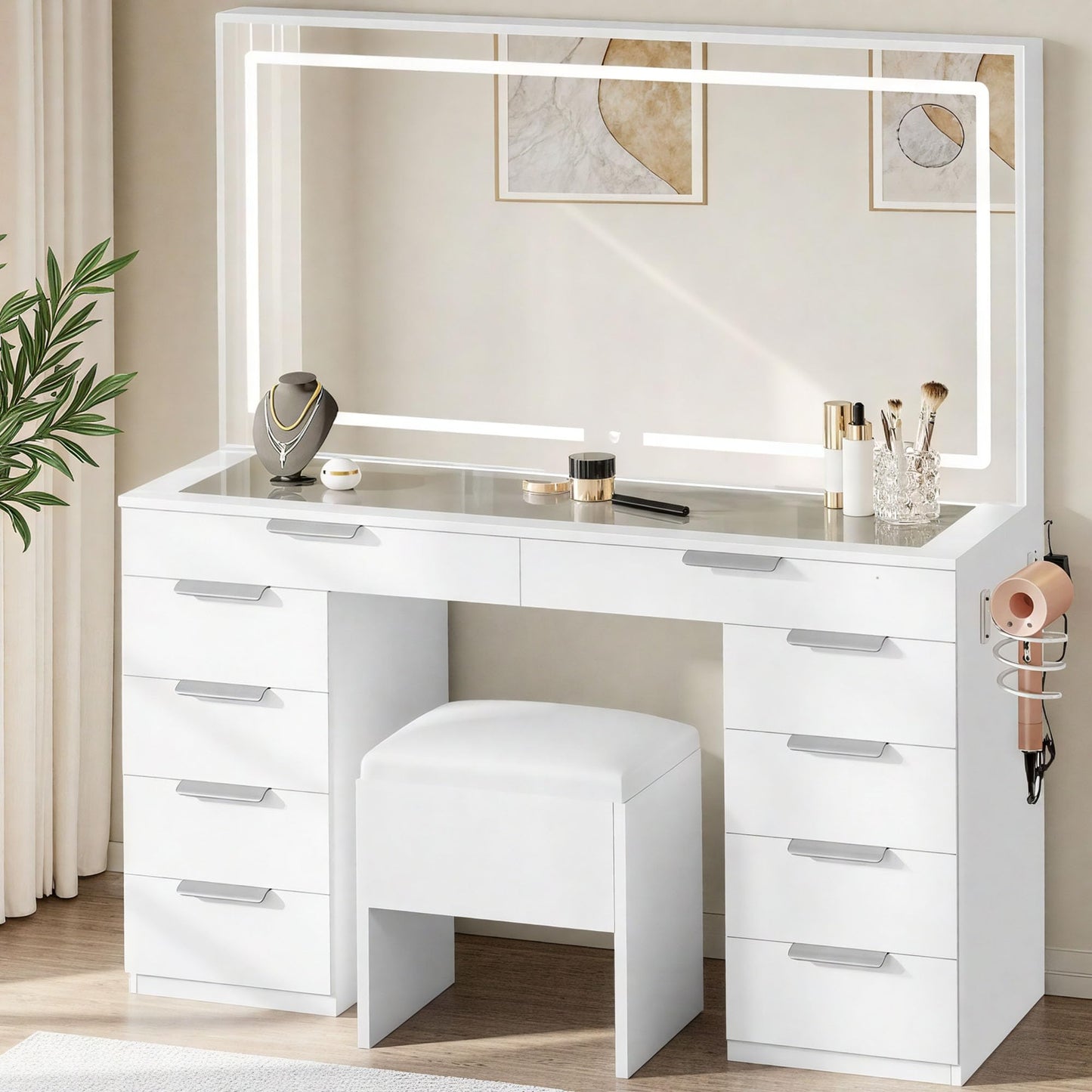 DWVO Vanity Desk Set with Mirror & Power Outlets, Vanity Table with 3 Dimmable Light Colors, 10 Drawers, Hair Dryer Rack – Modern Makeup Table with Hidden Storage Stool