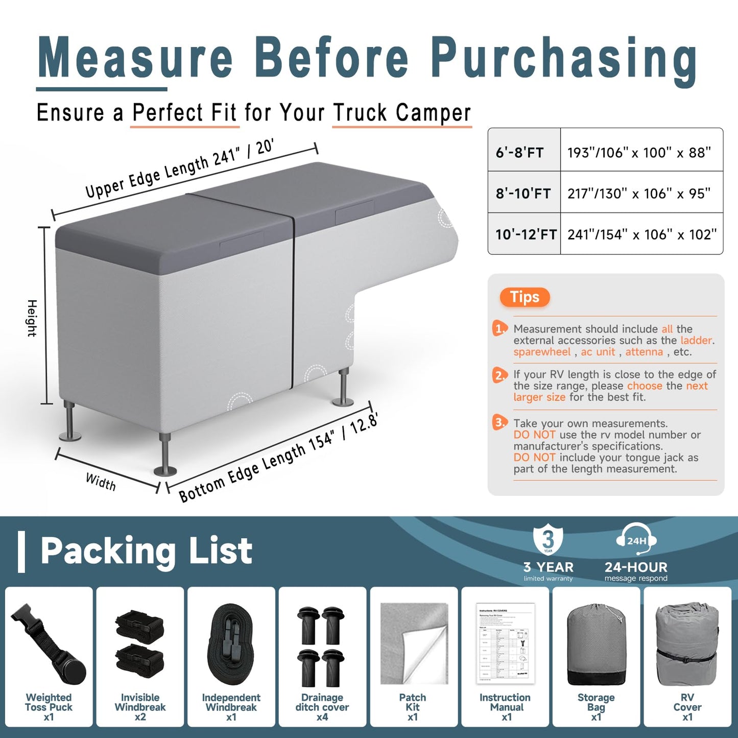 Umbrauto Truck Camper Cover 7-Layer Anti-Tear Top Motorhome RVs All Season Protection with Gutter Cover, Windproof Straps, Fits 10' - 12' Campers