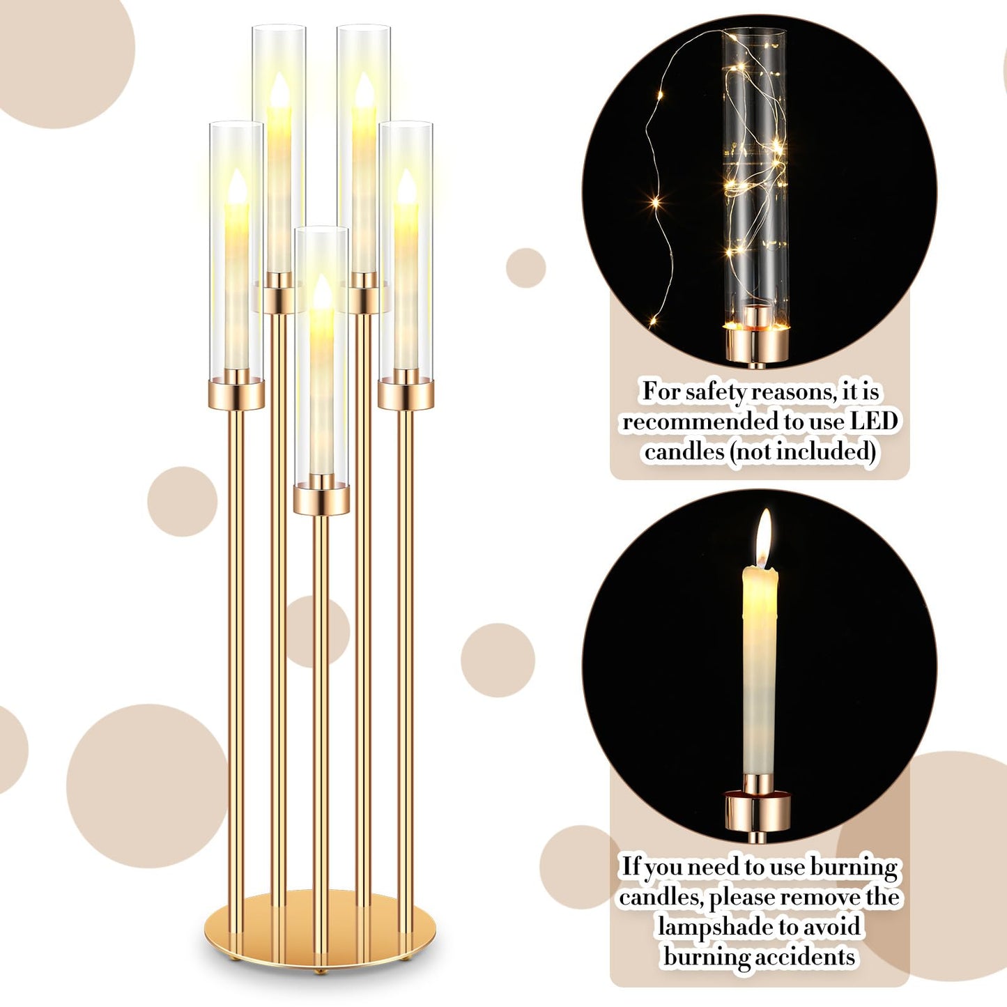 Tandefio 4 Pcs Acrylic Candelabra Centerpieces 35" Tall Clear Candle Holders Pillar Taper Candlestick with Lampshades 5 Arm Floor Candelabra Stand for Wedding Christmas Ceremony Dinner Party"