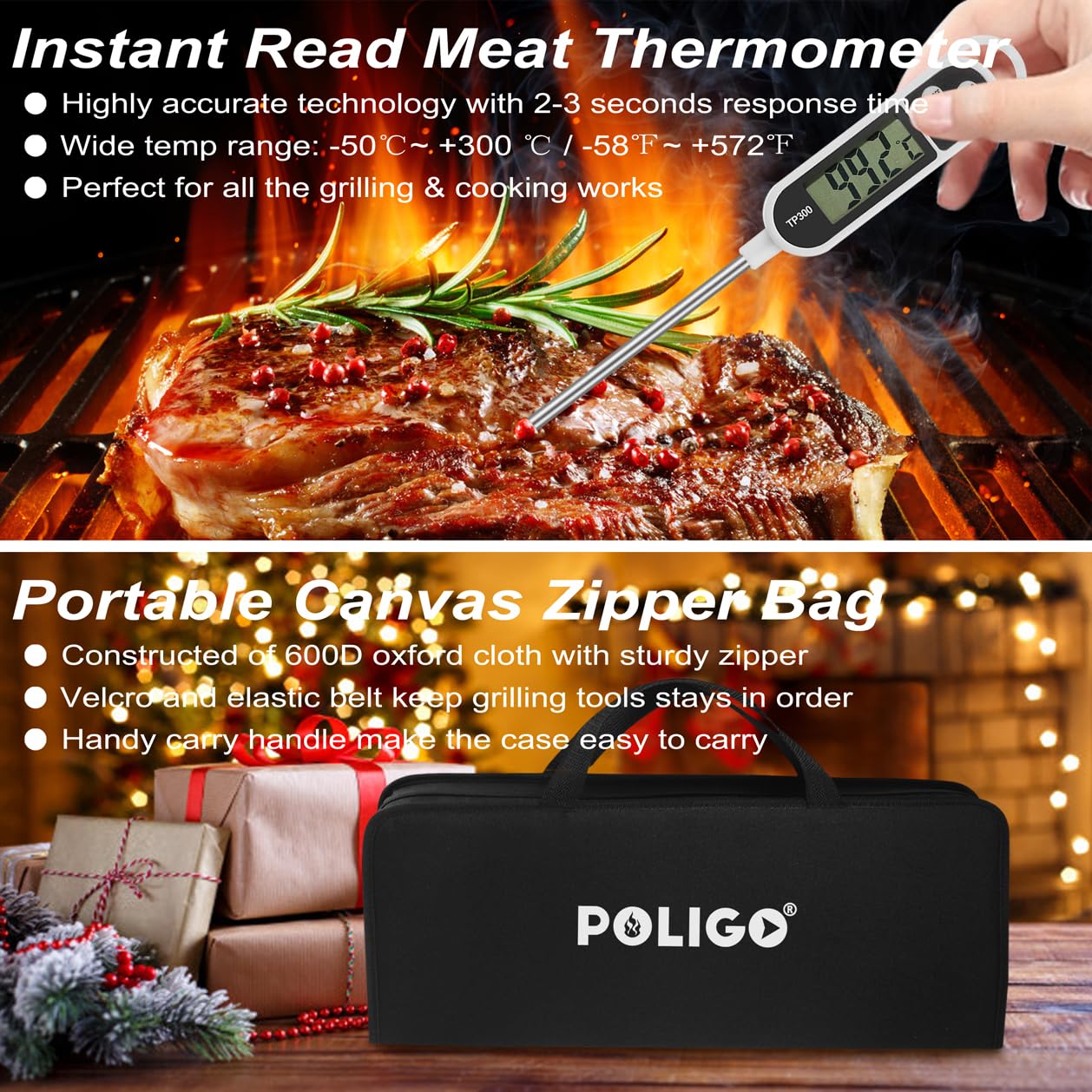 POLIGO 29 PCS BBQ Grill Accessories Stainless Steel BBQ Tools Grilling Tools Set with Storage Bag for Fathers Day Dads Birthday Presents - Camping Grill Utensils Set Ideal Grilling Gifts for Men Brown