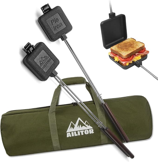 AILITOR Mountain Pie Maker Cast Iron Set of 2 - Pie Irons for Camping with Storage Bag, Campfire Sandwich Maker Cast Iron
