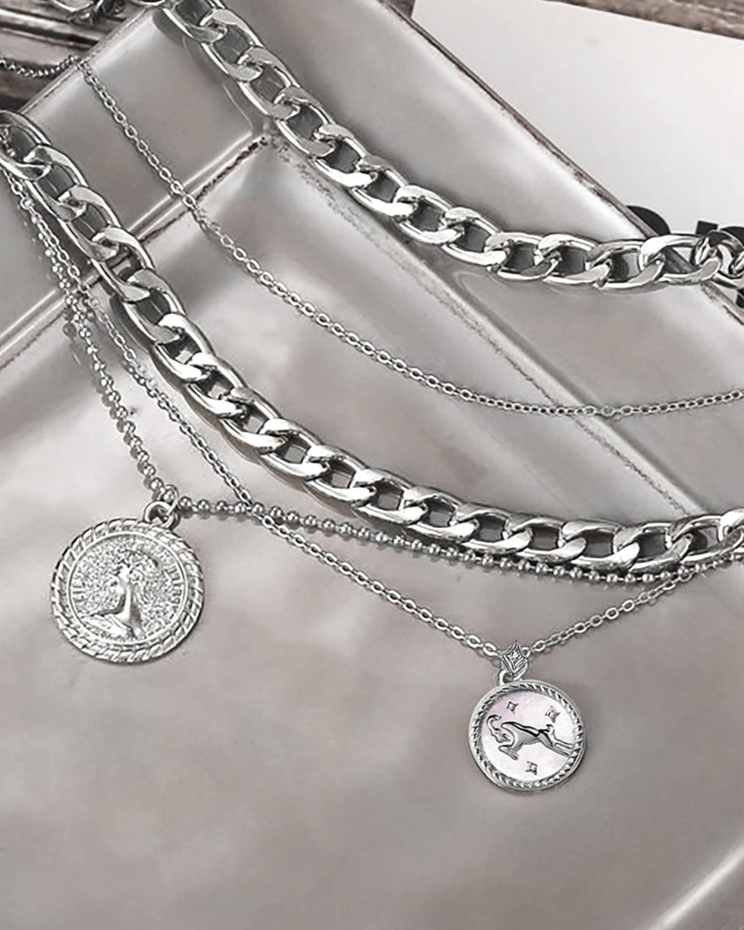 MJartoria Gold Layered Necklaces for Women Trendy Retro Coin Pendant Necklace Dainty Chunky Chain Choker Necklaces for Jewelry Birthday Gifts (Silver, Zodiac-Aries-3PCS Layered)