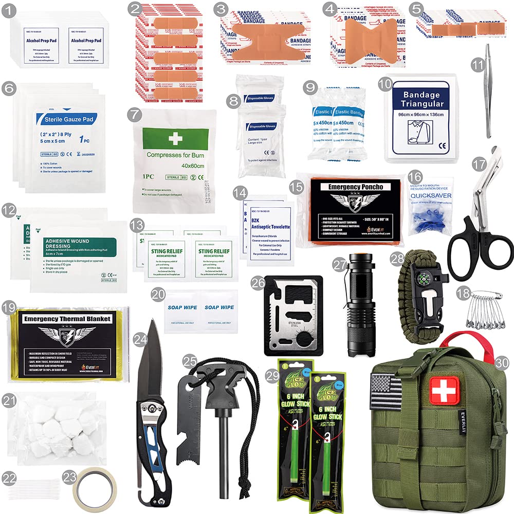 EVERLIT 250 Pieces Survival First Aid Kit IFAK EMT Molle Pouch Survival Kit Outdoor Gear Emergency Kits Trauma Bag for Camping Boat Hunting Hiking Home Car Earthquake and Adventures Od Green