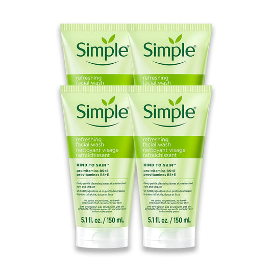 Simple Kind To Skin Refreshing Face Wash - Facial Cleanser with Vitamin B5 and E - Strengthens and Smooths Skin - Vegan, No Harsh Chemicals - 4 pc