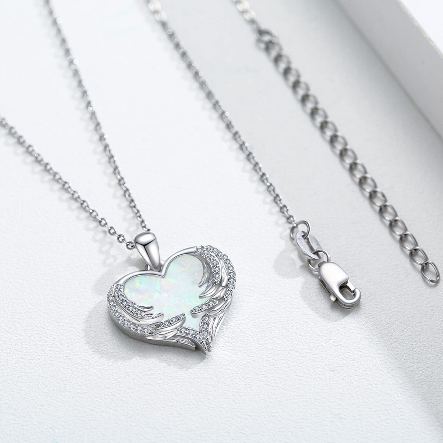 CUOKA MIRACLE Angel Wing Heart Opal Necklace 925 Sterling Silver Women's Guardian Angel Wings Pendant Necklace Dainty White Opal Jewelry for Women Birthday Gifts for Mom Women