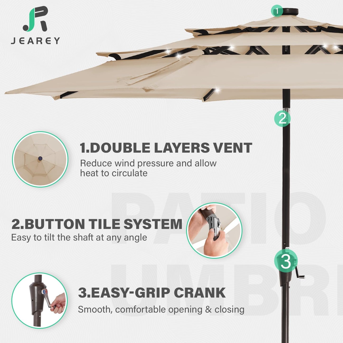 JEAREY 3 Tiers Patio Umbrella with Solar Lights 9ft Outdoor Market Table Umbrellas with Push Button Tilt for Outside Pool Garden, Tan