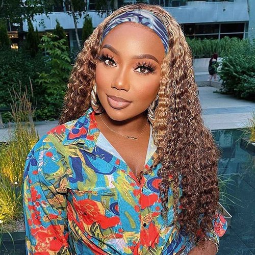 CUUYUN Kinky Curly Headband Wig Human Hair 22 Inch 4/27 Highlight Ombre Human Hair Headband Wig for Black Women Culry None Lace Front Wigs Glueless Human Hair Wigs