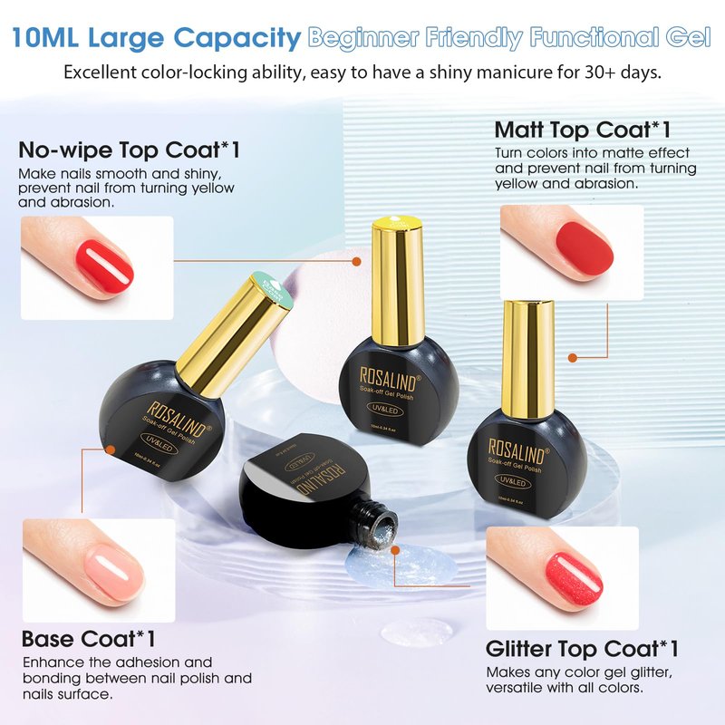 ROSALIND 30PCS Gel Nail Polish Set with Base Glossy Matte and Glitter Top Coat Gel Polish, Orange Green Fall Winter Gel Nail Set Soak Off Gel Polish Set