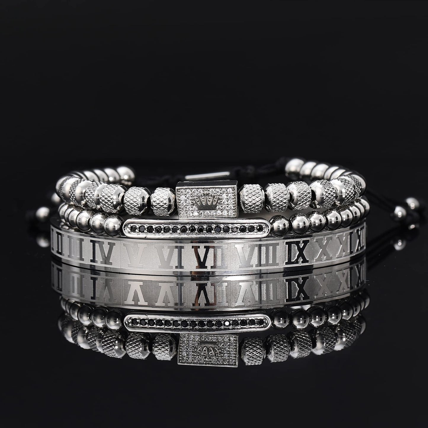 WFYOU 3PCS Stainless Steel Bracelets for Men Gold Roman Numeral Bangle Bracelet Twisted Cable Bracelet Adjustable Cuff Bracelet Mens Luxury Jewelry Bracelets Gifts(H:Silver)