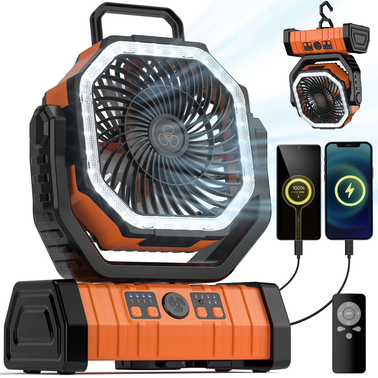 VOSFEEL Camping Fan - 20000mAh Battery Powered Fan Rechargeable with LED Lantern - Portable Outdoor Tent Fans with Hanging Hook 4 Speeds Wind Remote Control, Black and Orange