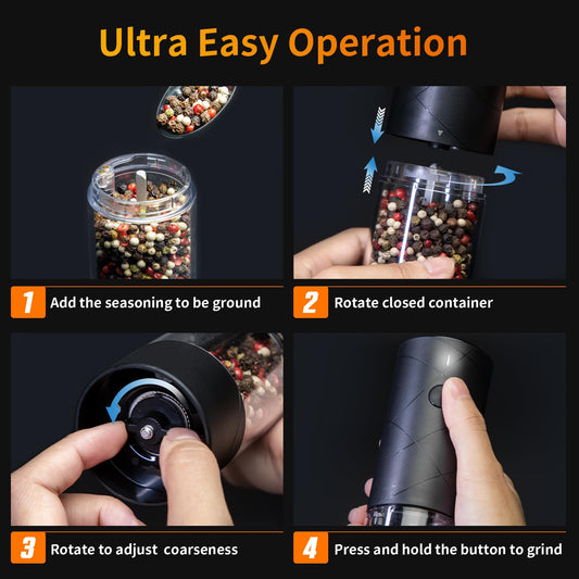 2Pack Electric Salt and Pepper Grinder Set USB Rechargeable with Warm LED Light, Adjustable Coarseness Lidaop Large Capacity Automatic Salt Pepper Mill Shakers for Kitchen, Restaurant, Upgrade Black