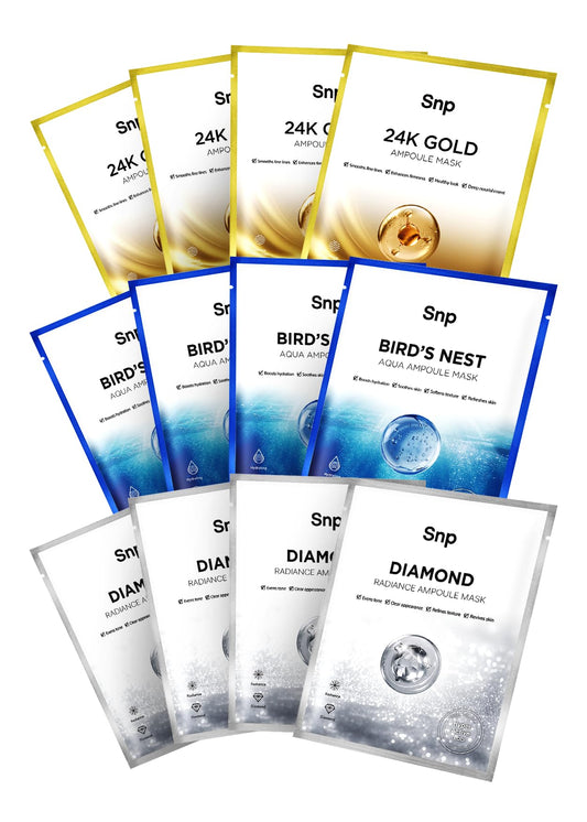 SNP Variety Ampoule Sheet Mask Set | Bird's Nest, 24K Gold, and Diamond Face Mask | Hydrating, Moisturizing, Nourishing for Sensitive Facial Skin | Korean Face Masks Skincare | 12 Sheets
