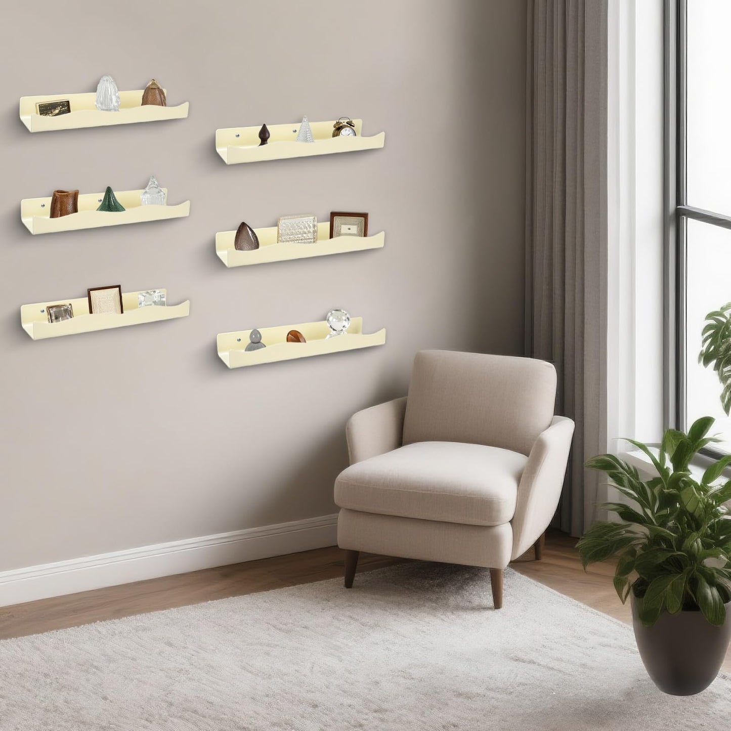 CRAFTIFANO Acrylic Wall Shelf Organizers 15 Inch Floating Shelf for Wall Decor Bookshelf for Kids Modern Beige Wall Mount Shelf for Living Room, Bedroom, Bathroom(6, Yellowish Beige)